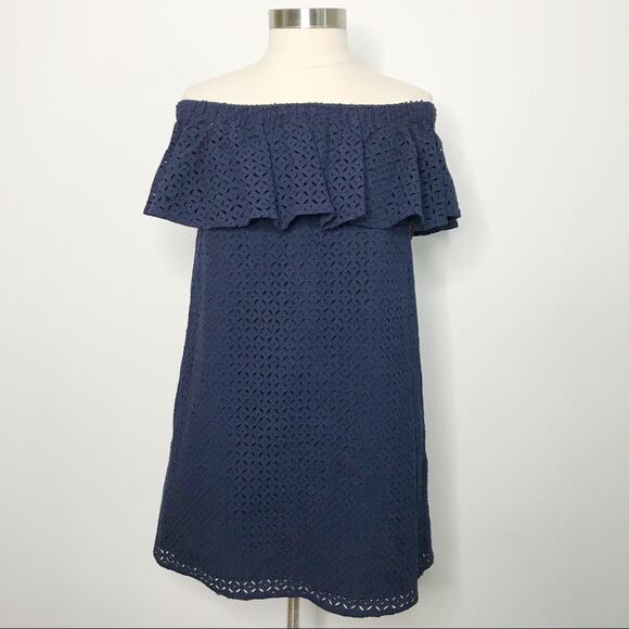 Likely Medium M Navy Blue Cicero Off The Shoulder Eyelet Mini Dress Summer - Picture 1 of 8
